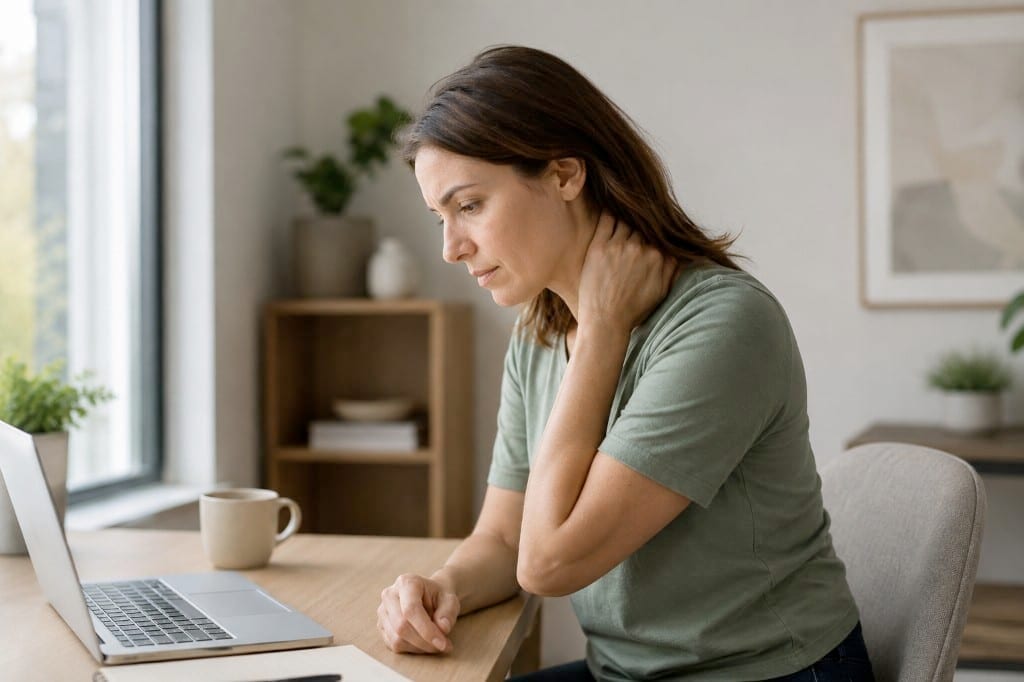 A woman at a desk resting a hand on her stiff neck — one of the most common posture complaints.