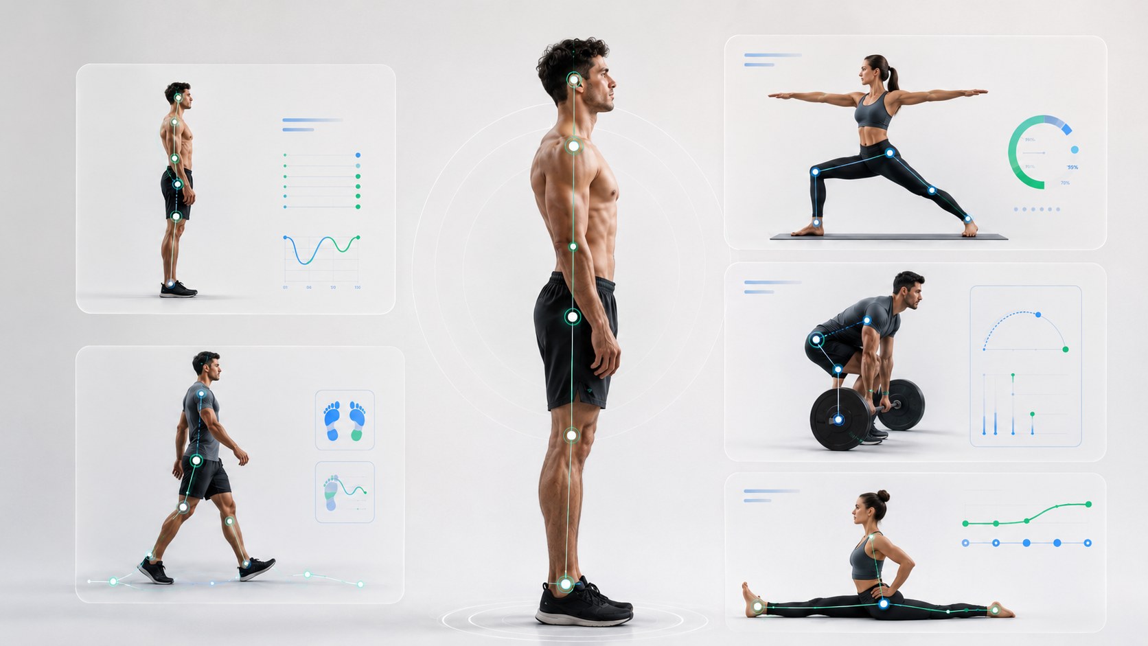 Movement and mobility analysis — skeletal alignment tracking across standing, walking, yoga, lifting and the splits