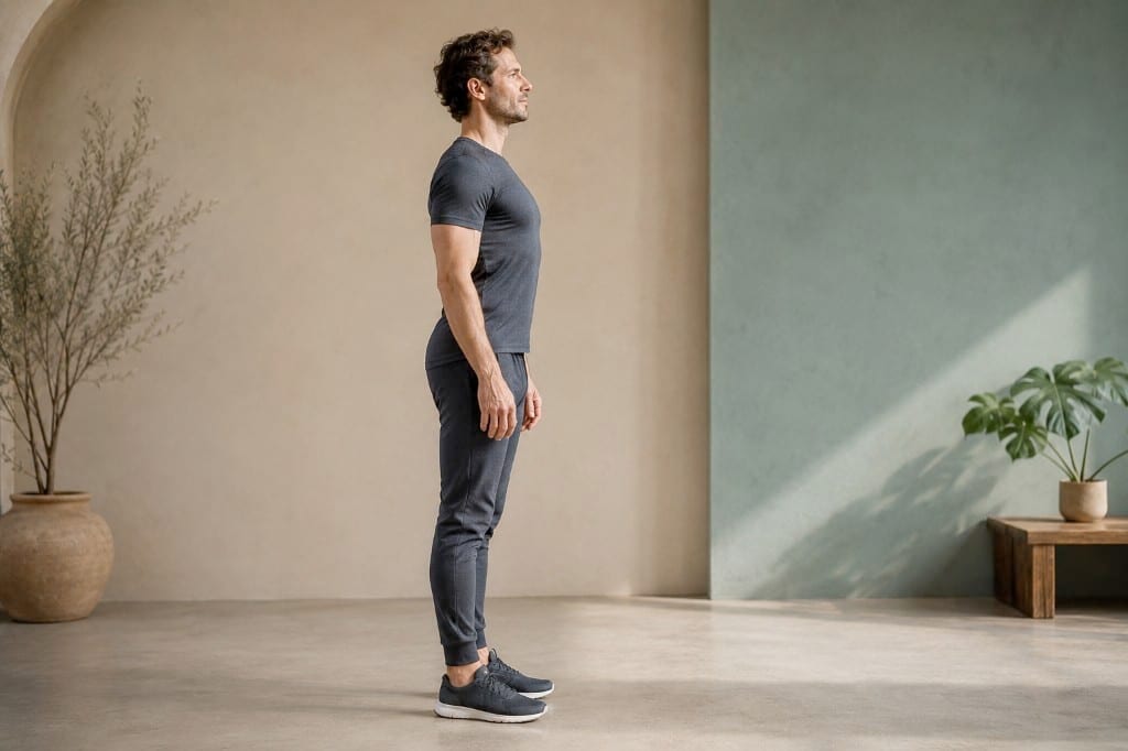A man standing tall in balanced, upright posture in a calm, minimal studio.
